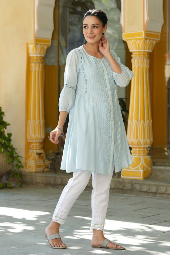 Juniper Women's Sky blue Cotton Silk Solid A-Line Kurta