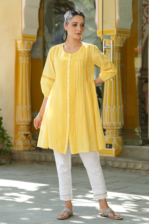 Juniper Women's Yellow Cotton Silk Solid A-Line Kurta