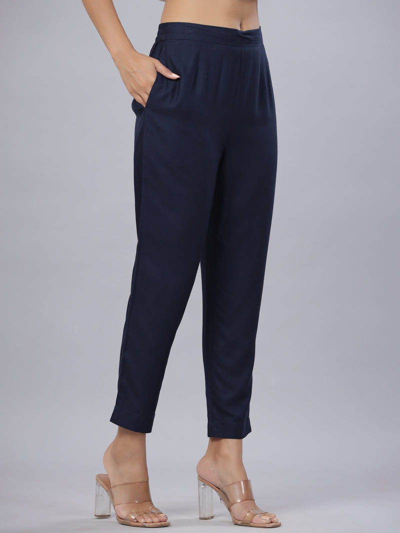 Juniper Women's Navy Rayon Solid Stright Slim Pant