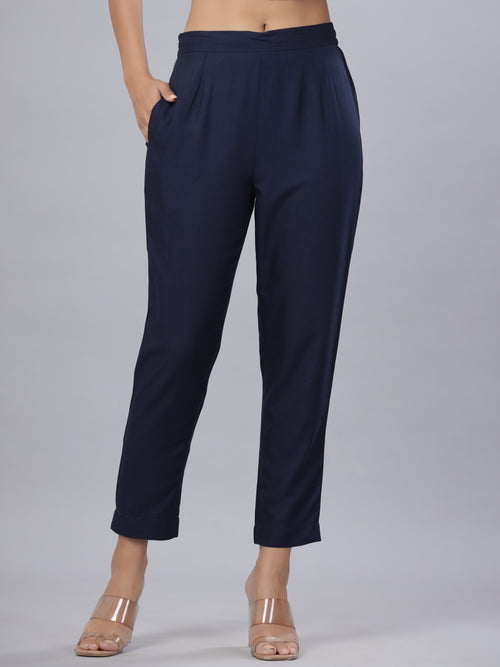 Juniper Women's Navy Rayon Solid Stright Slim Pant