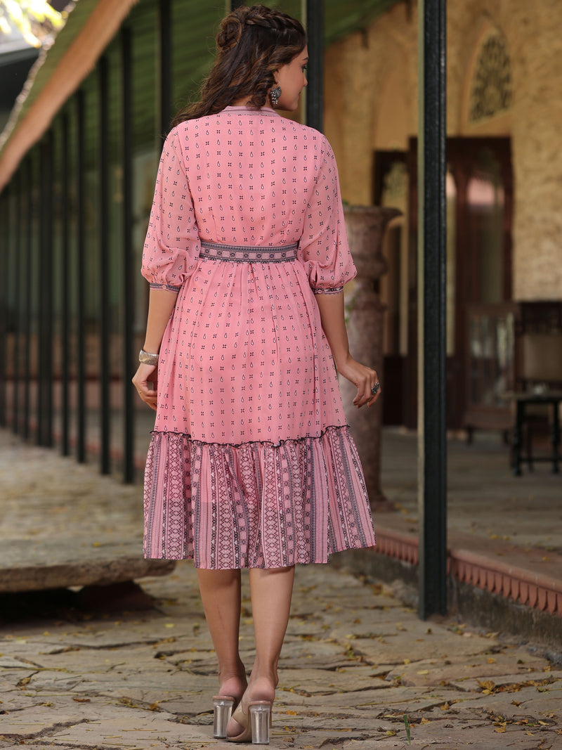 Juniper Women's Pink Georgette Printed Flared Dress