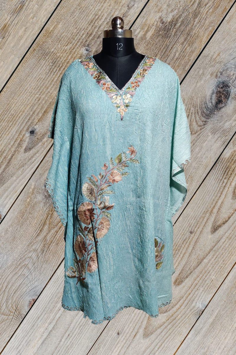 100% Cotton Turquoise Short Kashmiri Kaftan with Floral Aari Embroidery