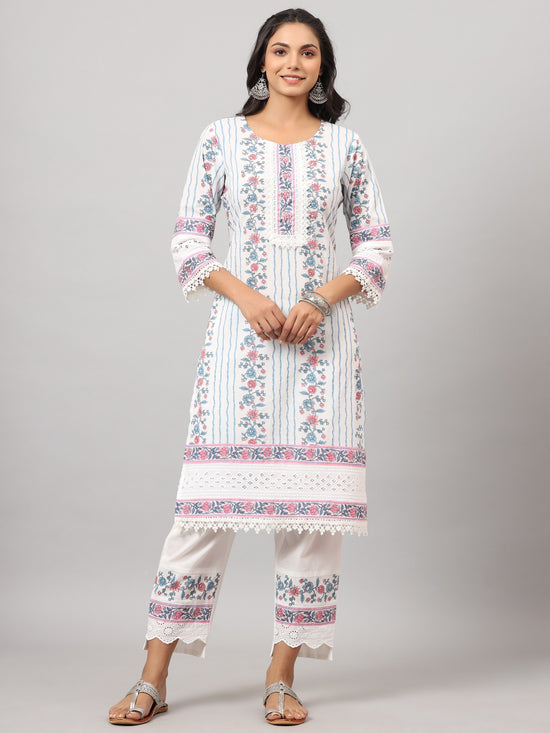 Juniper Women'S Off-White Cambric Printed Stright Kurta Sets