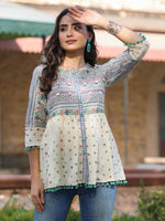 Juniper Women Ivory Cotton Cambric Tribal Printed Peplum Tunic.