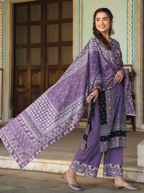 Juniper Womens lavender cambric geometric printed mix and match kurta palazzo and dupatta set