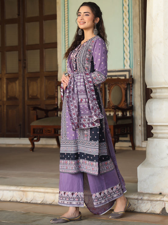 Juniper Womens lavender cambric geometric printed mix and match kurta palazzo and dupatta set