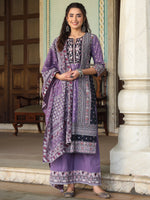 Juniper Womens lavender cambric geometric printed mix and match kurta palazzo and dupatta set