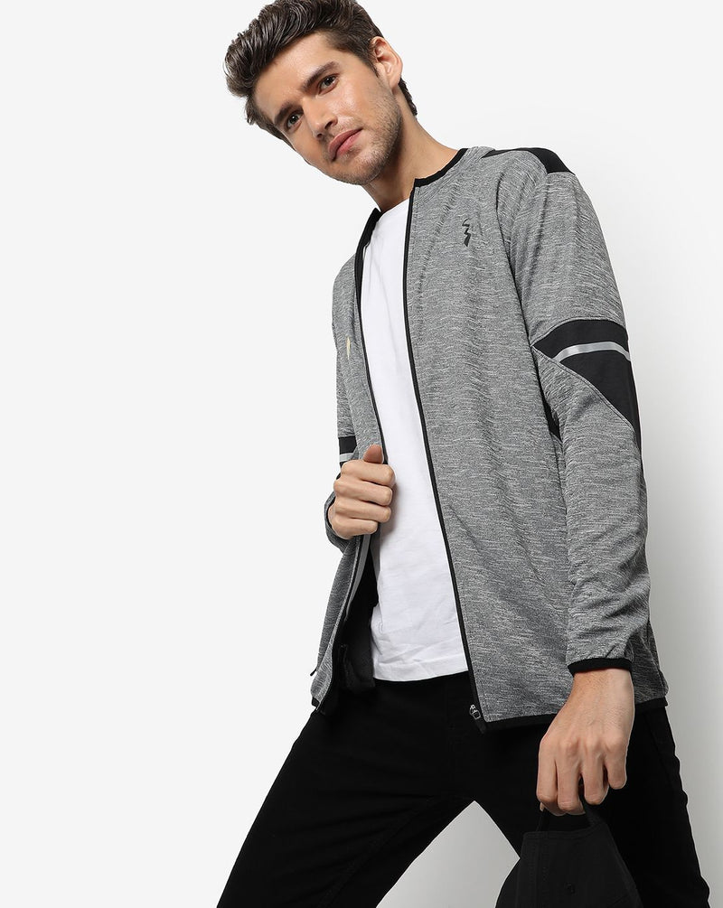 Campus Sutra Men's Light Grey Regular Fit Activewear Jacket For Winter Wear | Dri-Fit | Round Neck | Full Sleeve | Zipper | Casual Sports Jacket For Man | Western Stylish Jacket For Men