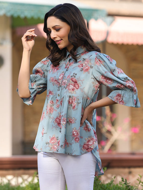 Juniper Women Blue Shantoon Floral Printed High & Low Peplum Tunic.