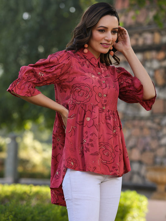 Juniper Women Rust Shantoon Floral Printed High & Low Peplum Tunic.