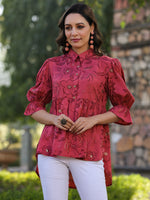 Juniper Women Rust Shantoon Floral Printed High & Low Peplum Tunic.