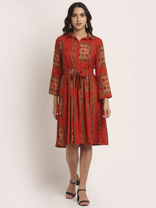 Aawari Rayon Red Patch Printed Gown with Collor For Women and Girls