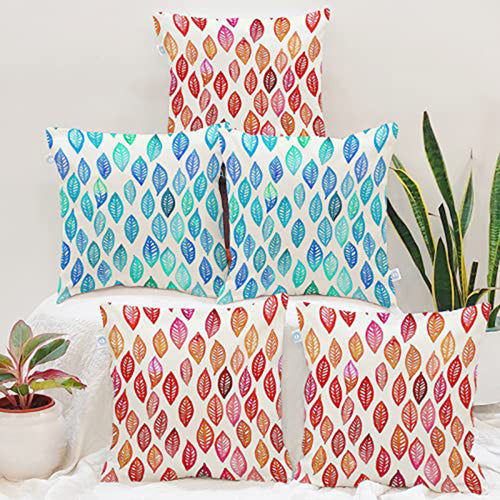 Set of 5 Blue & Red Floral Printed Square Cushion Covers