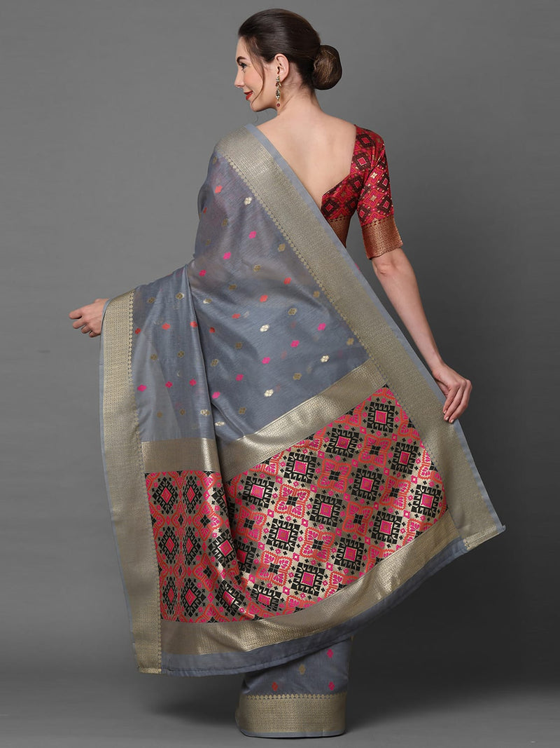 Sareemall Grey Festive Cotton Blend Woven Design Saree With Unstitched Blouse