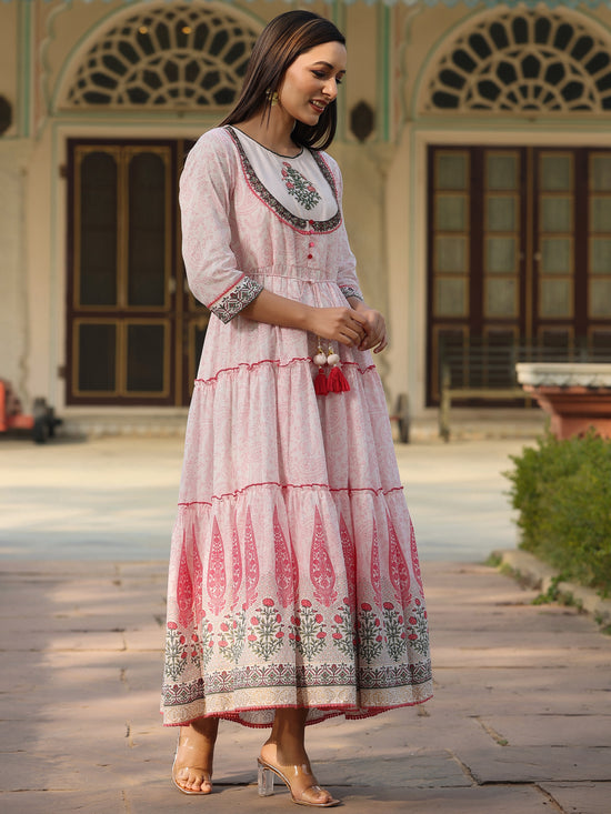 Juniper Women Baby Pink Cotton Voile printed Tiered Maxi Dress.