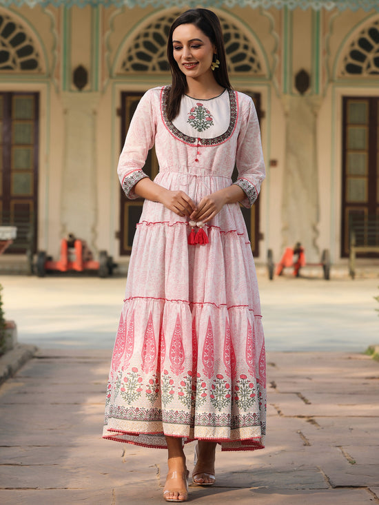 Juniper Women Baby Pink Cotton Voile printed Tiered Maxi Dress.