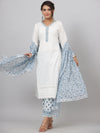 Juniper Women'S White Cotton Cambric Solid Kurta Floral Printed Pant & Dupatta Set