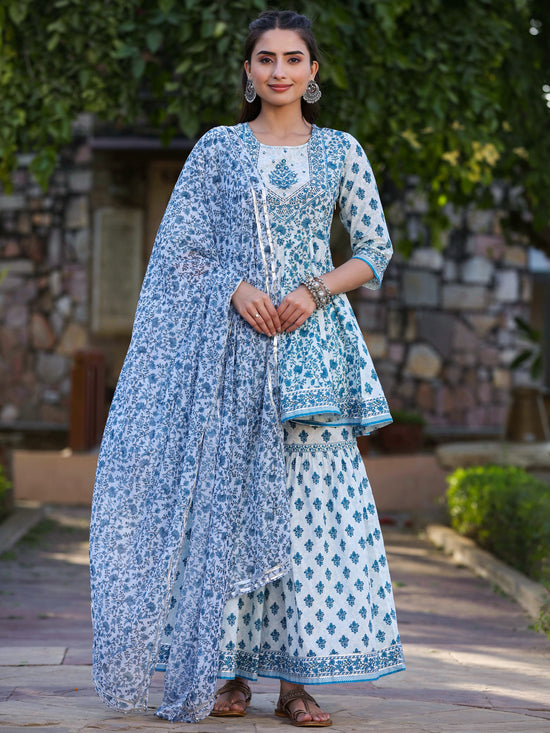 Juniper Women'S Blue Cotton Cambric Floral Placement Printed Anarkali Kurta Sharara & Dupatta Set