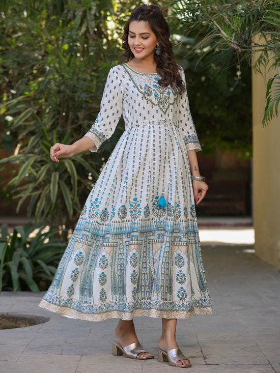 Juniper Women Blue Shantoon Printed Anarkali Maxi Dress.