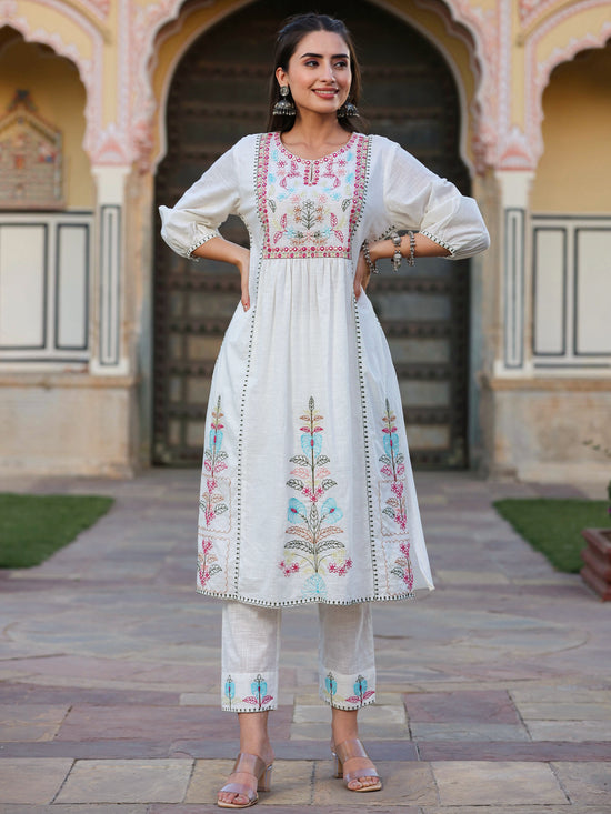 Juniper Women White Cotton Slub Embroidered Kurta & Pants Set.