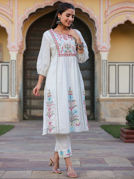 Juniper Women White Cotton Slub Embroidered Kurta & Pants Set.