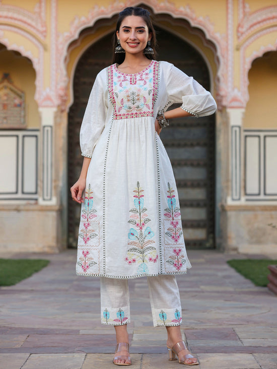 Juniper Women White Cotton Slub Embroidered Kurta & Pants Set.