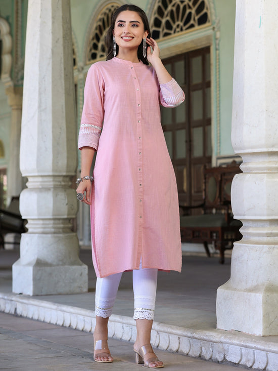 Juniper Womens Pink cotton slub embroidered straight kurta