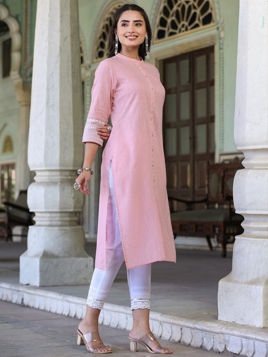 Juniper Womens Pink cotton slub embroidered straight kurta