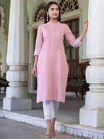 Juniper Womens Pink cotton slub embroidered straight kurta