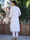 Juniper Womens White cotton slub embroidered straight kurta