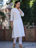 Juniper Womens White cotton slub embroidered straight kurta