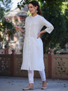 Juniper Womens White cotton slub embroidered straight kurta