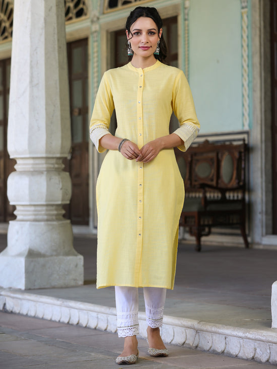 Juniper Womens Yellow cotton slub embroidered straight kurta