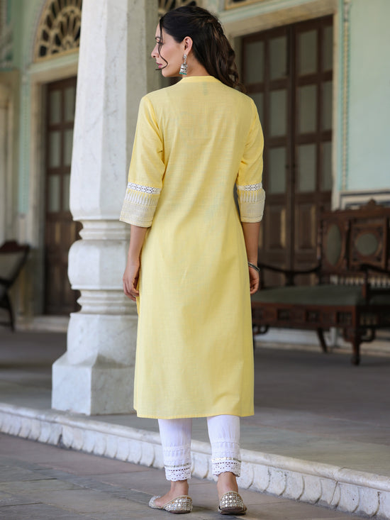 Juniper Womens Yellow cotton slub embroidered straight kurta