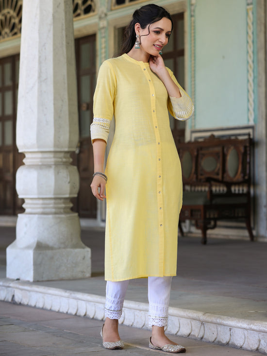 Juniper Womens Yellow cotton slub embroidered straight kurta