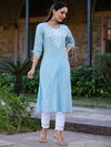 Juniper Women'S Blue Sheer Sucker Embroidered Straight Kurta