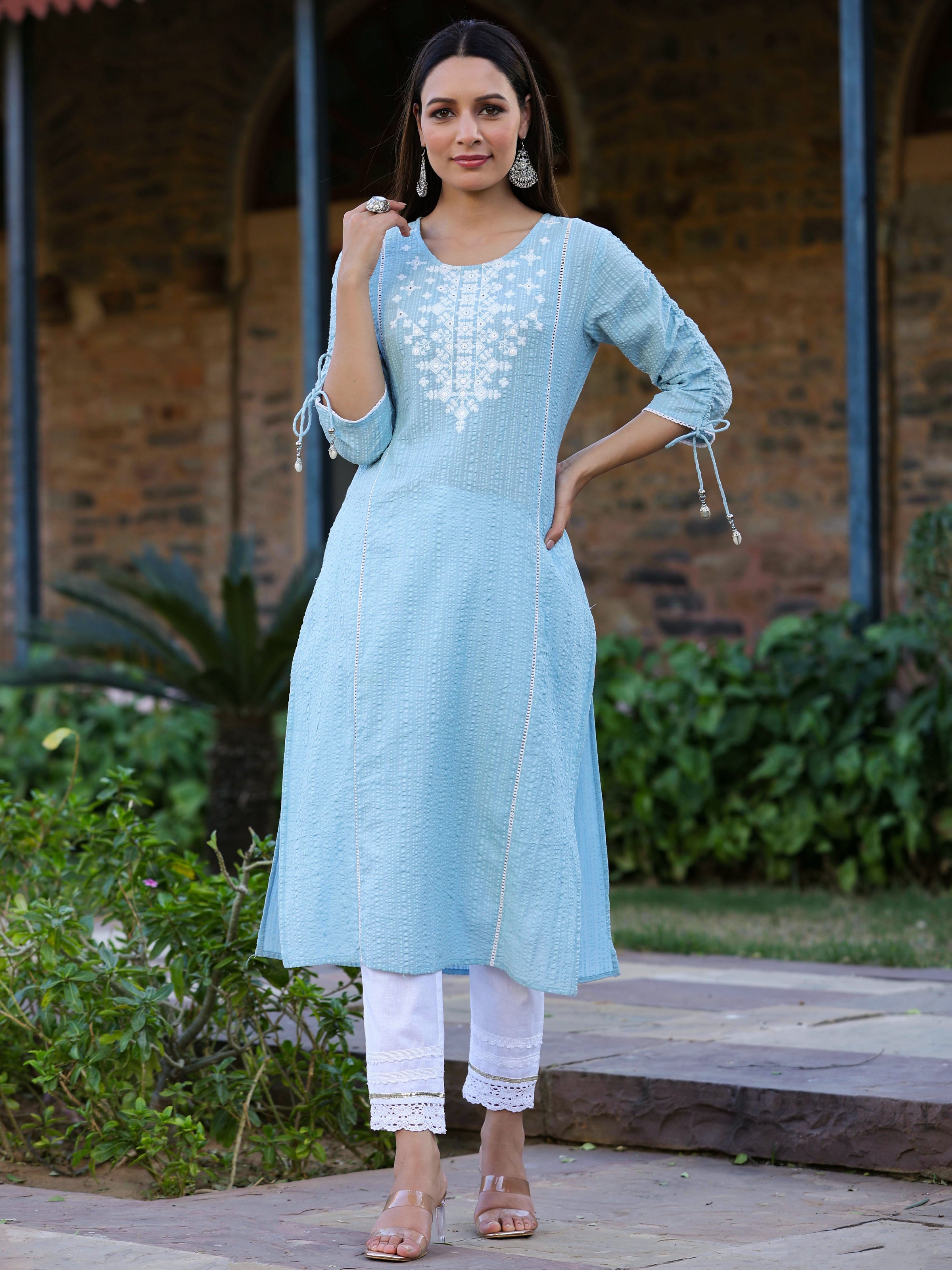 Attractive Trendy Rayon Sky Blue Kurti With White Dhoti