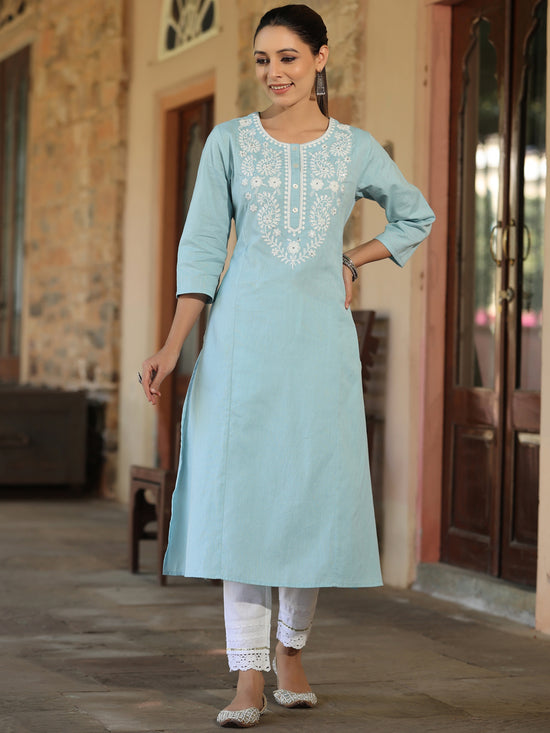 Juniper Women'S Blue Cotton Flex Embroidered Straight Kurta