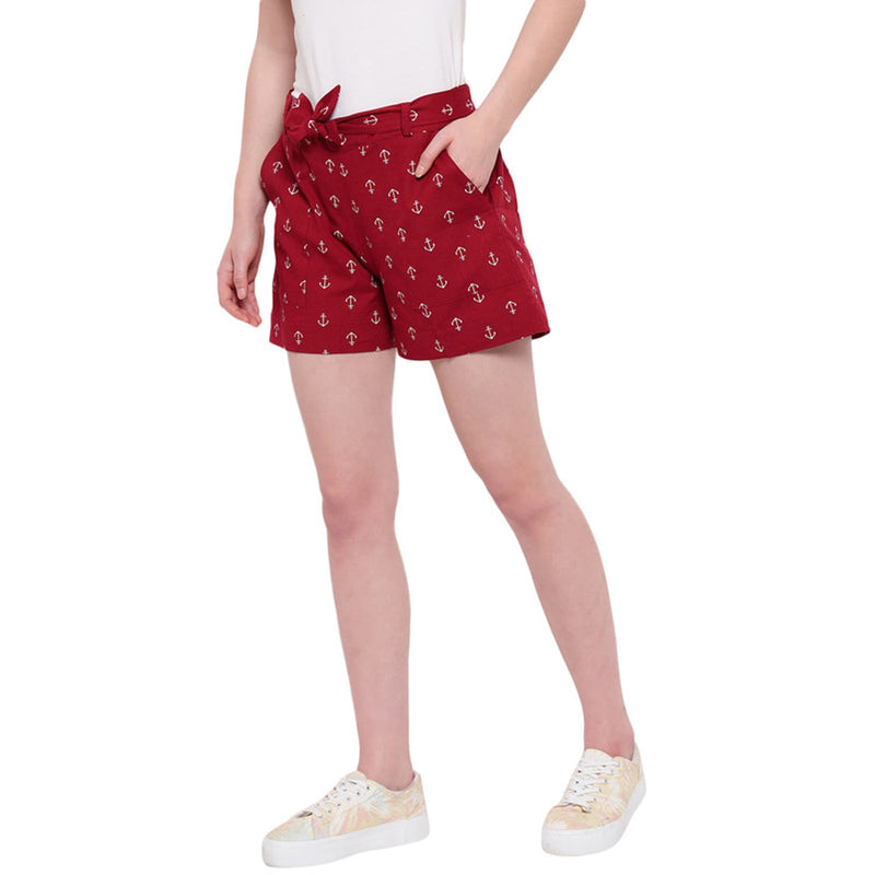 Aawari Cotton Printed Anchor Shorts For Girls and Women Maroon