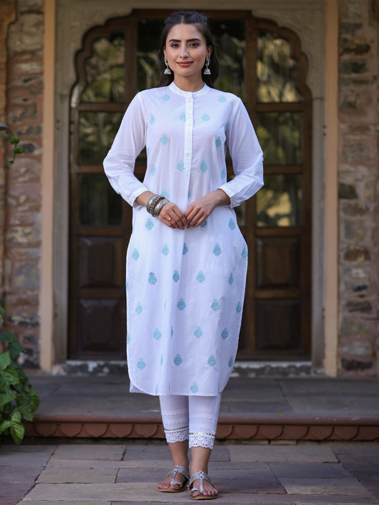 Juniper Women'S White Cambric Printed Straight Kurta