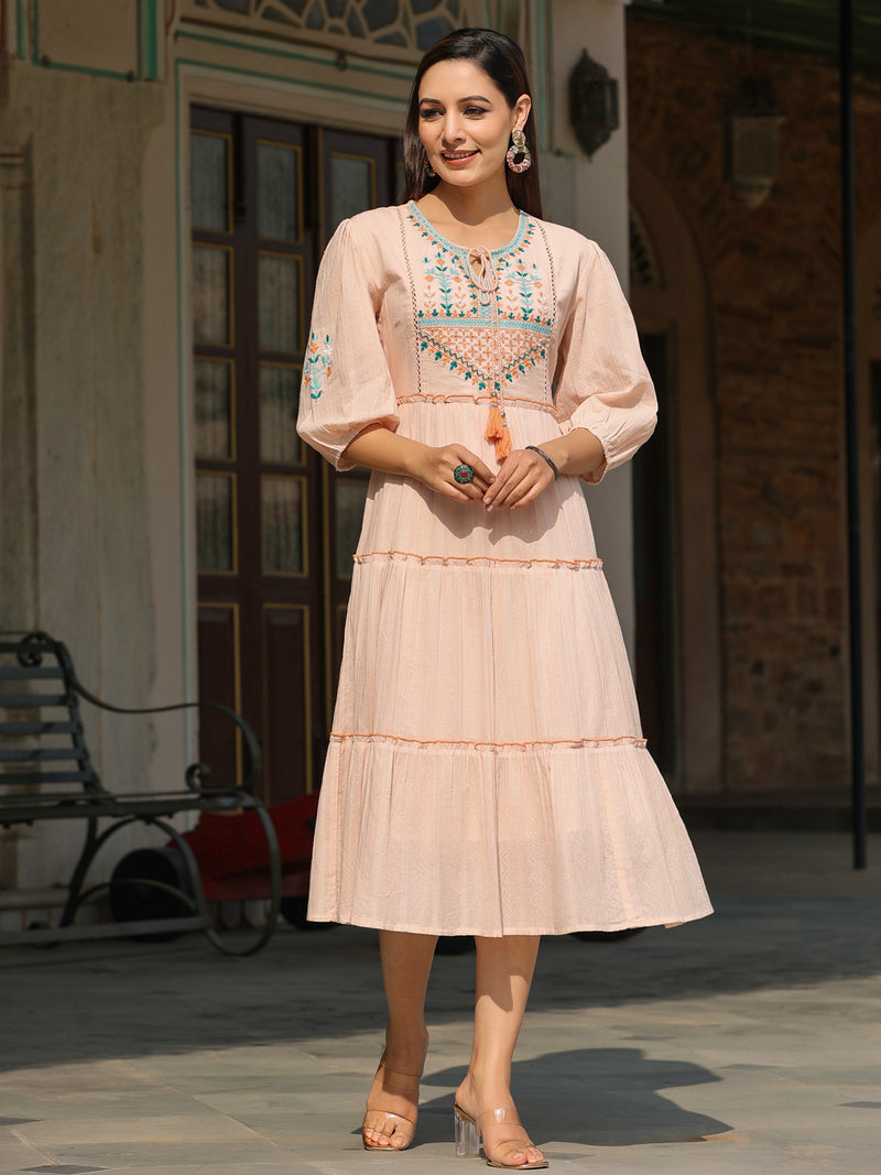 Juniper Women Peach Cotton Dobby Embroidered Tiered Maxi Dress.