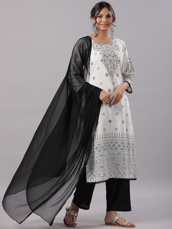 Juniper Women White Rayon Staple Printed Kurta, Pants & Dupatta Set.