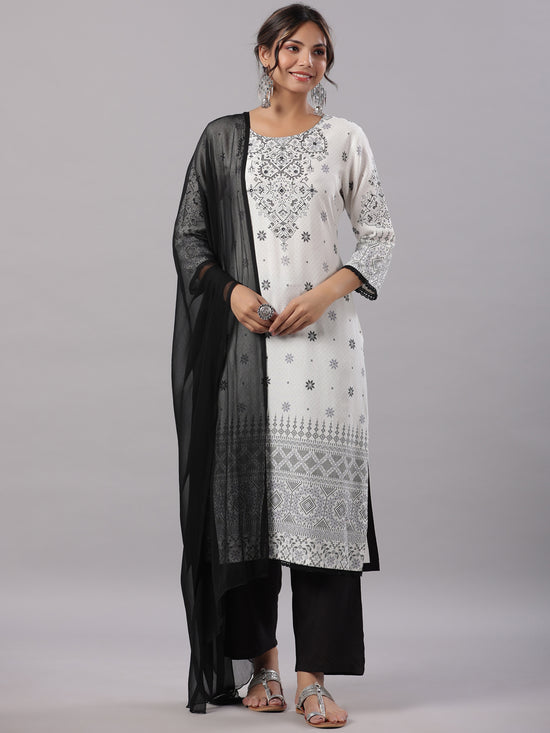 Juniper Women White Rayon Staple Printed Kurta, Pants & Dupatta Set.