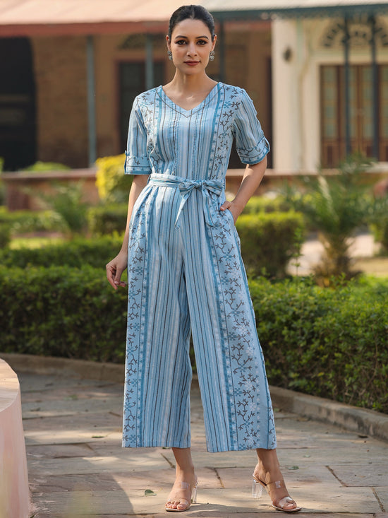 Juniper Women Sky-Blue Cotton Flex Jamdani Printed Jumpsuit.