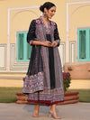 Juniper Women Lavender Cotton Cambric Tribal Printed with Embroidered Flared Kurta & Dupatta Set.