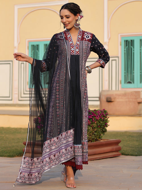 Juniper Women Lavender Cotton Cambric Tribal Printed with Embroidered Flared Kurta & Dupatta Set.