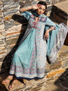 Juniper Women Sky-Blue Cotton Cambric Tribal Printed with Embroidered Flared Kurta & Dupatta Set.