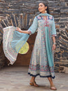 Juniper Women Sky-Blue Cotton Cambric Tribal Printed with Embroidered Flared Kurta & Dupatta Set.