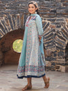 Juniper Women Sky-Blue Cotton Cambric Tribal Printed with Embroidered Flared Kurta & Dupatta Set.