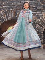 Juniper Women Sky-Blue Cotton Cambric Tribal Printed with Embroidered Flared Kurta & Dupatta Set.